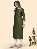 Vbuyz Women's Embroidered Straight Viscose Green Stitched Kurta